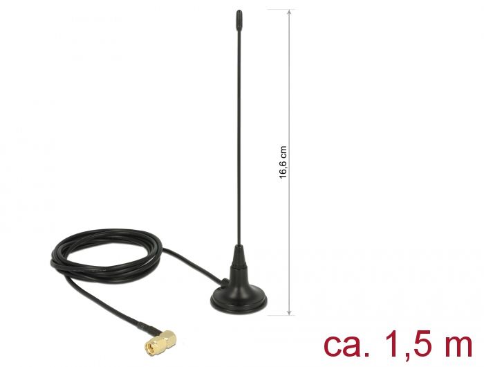 DeLock 480 MHz Antenna SMA plug 90° 2.5 dBi fixed omnidirectional with magnetic base and connection cable RG-174 1.5 m outdoor Black