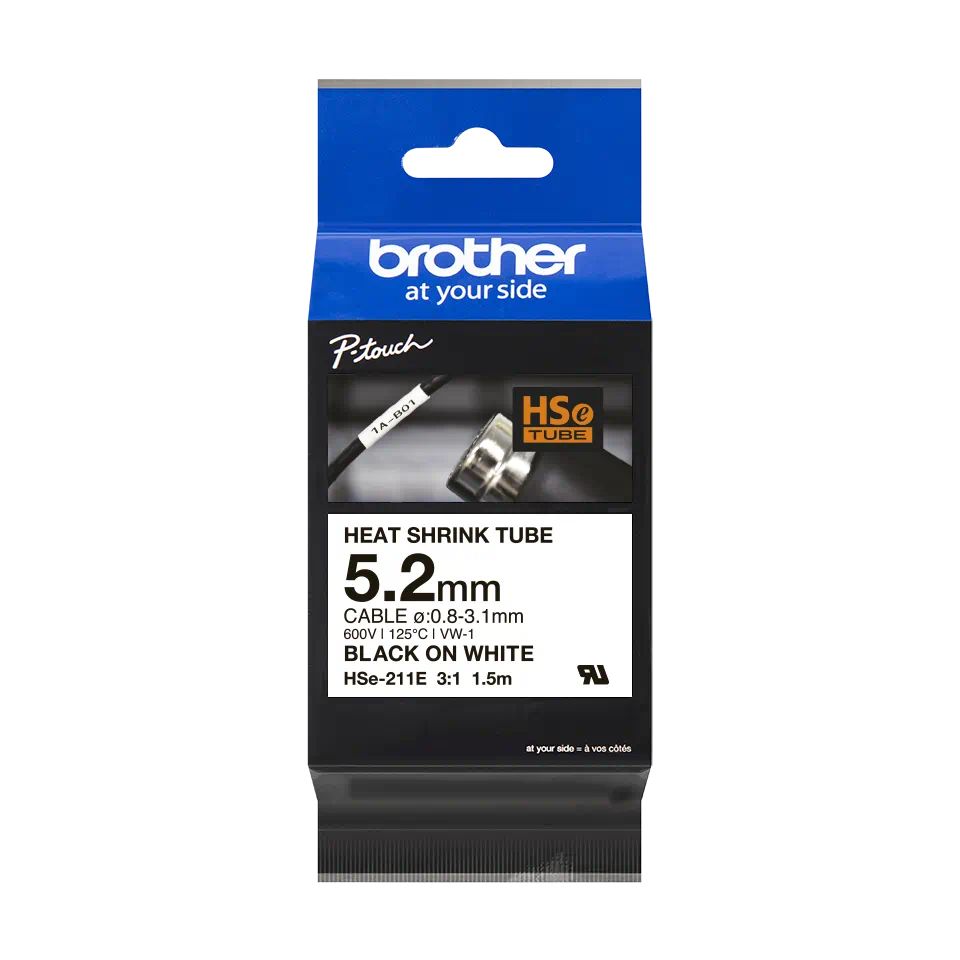 Brother HSE-211E Heat Shrink Tube Tape Cassette 5,2mm Black on White