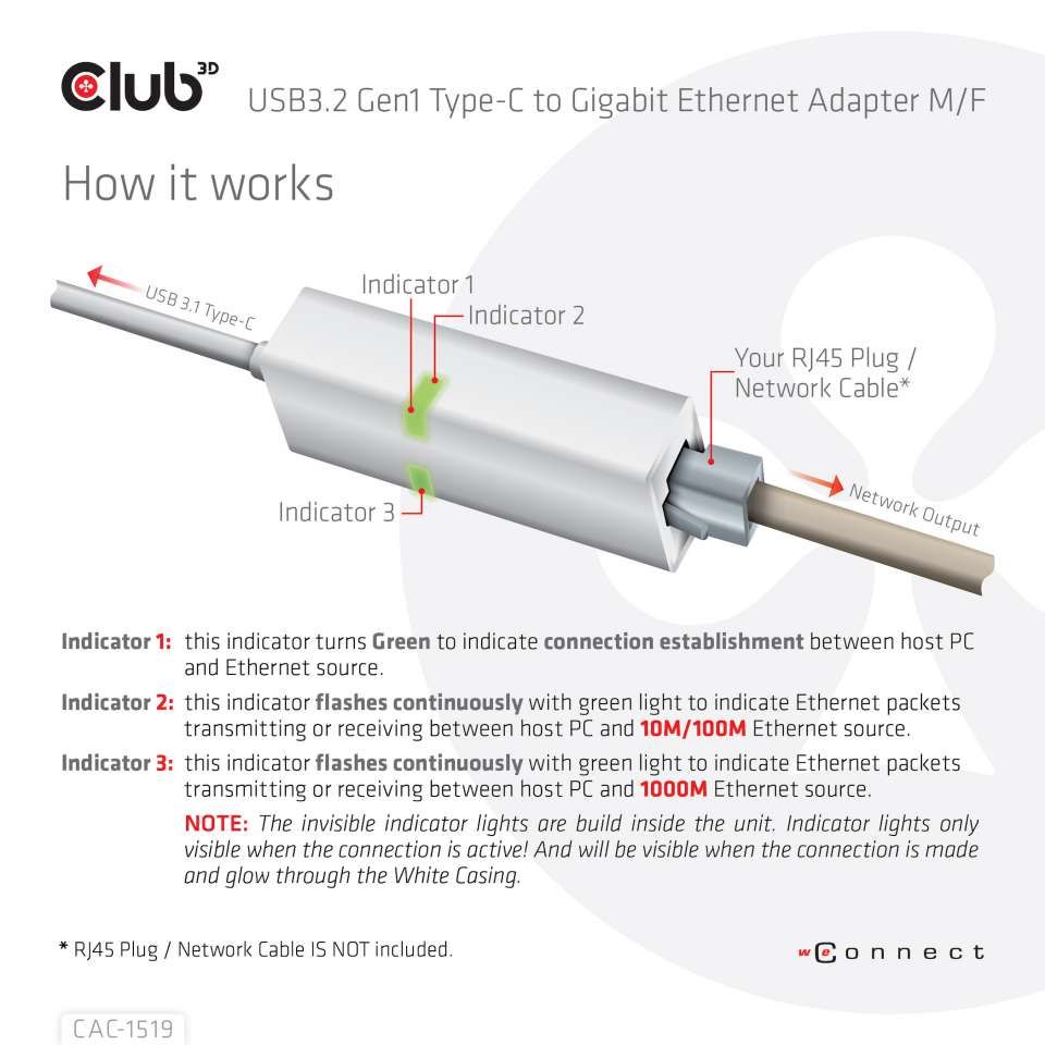 Club3D USB3.2 Gen1 Type-C to Gigabit Ethernet Adapter White