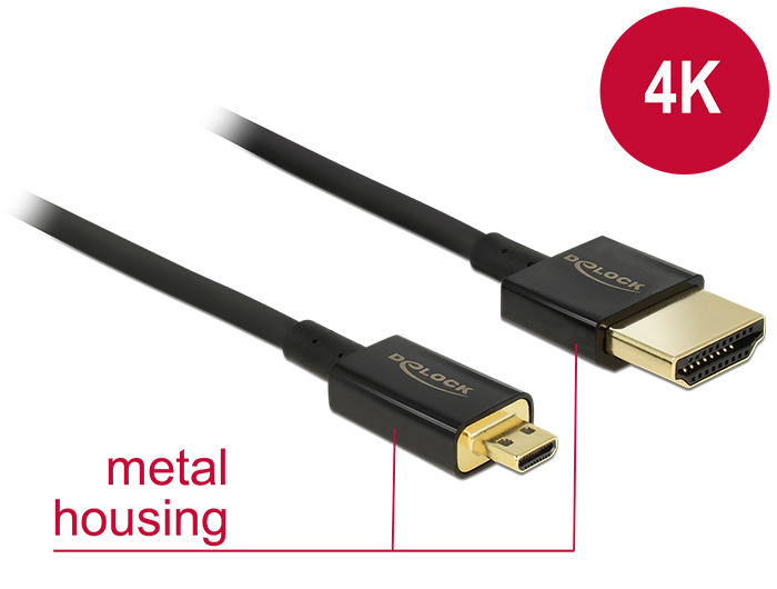 DeLock Cable High Speed HDMI with Ethernet - HDMI-A male > HDMI Micro-D male 3D 4K 0,5m Slim High Quality