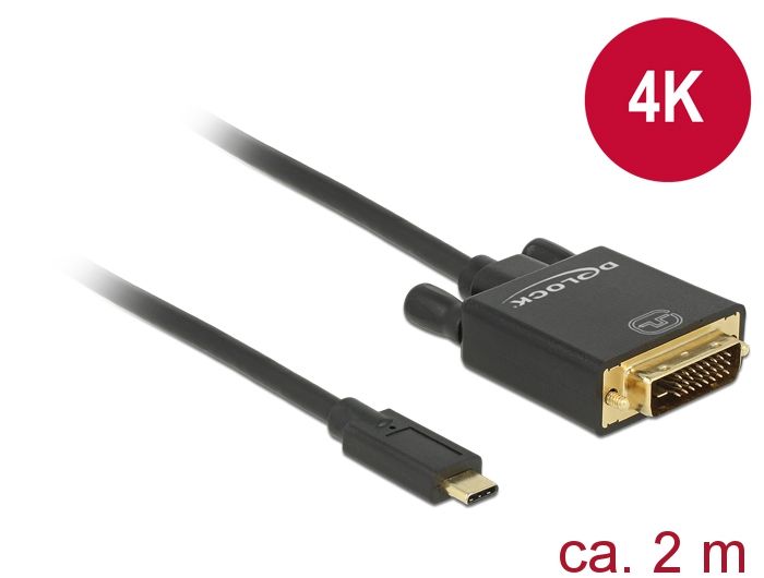 DeLock USB Type-C male > DVI-D (24+1 Single Link) male (DP Alt Mode) 4K 30 Hz 2m Black