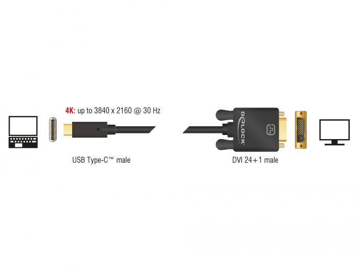 DeLock USB Type-C male > DVI-D (24+1 Single Link) male (DP Alt Mode) 4K 30 Hz 2m Black