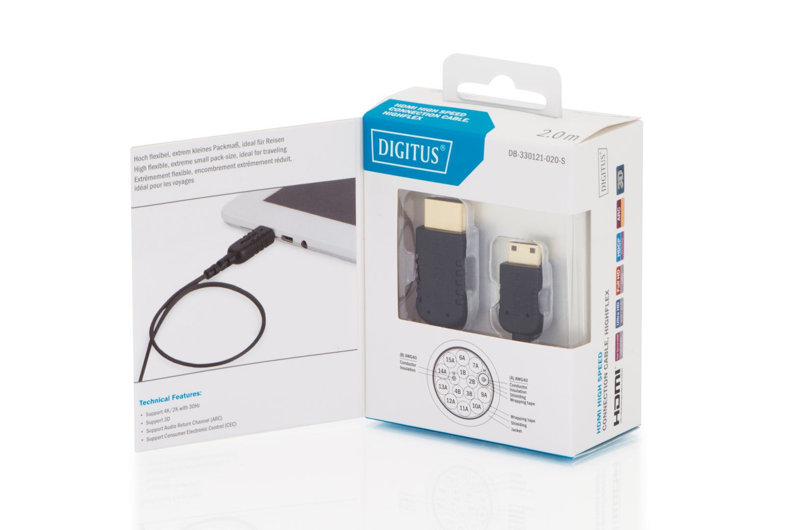 Digitus HDMI High Speed con. cable, type C - A, HighFlex