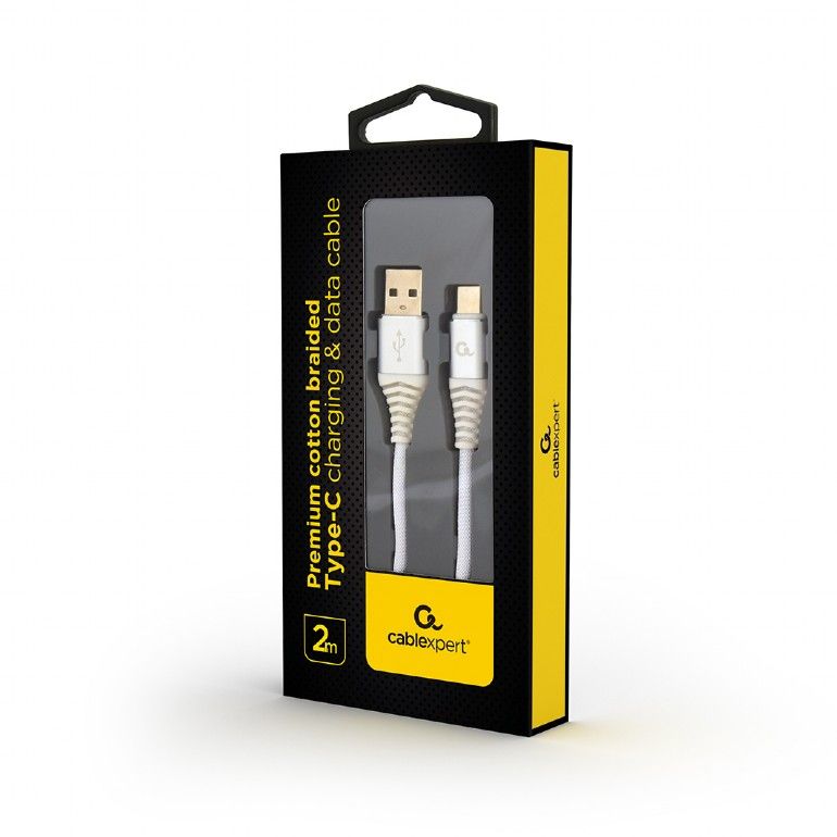 Gembird CC-USB2B-AMCM-2M-BW2 Premium cotton braided Type-C USB charging and data cable 2m Silver/White
