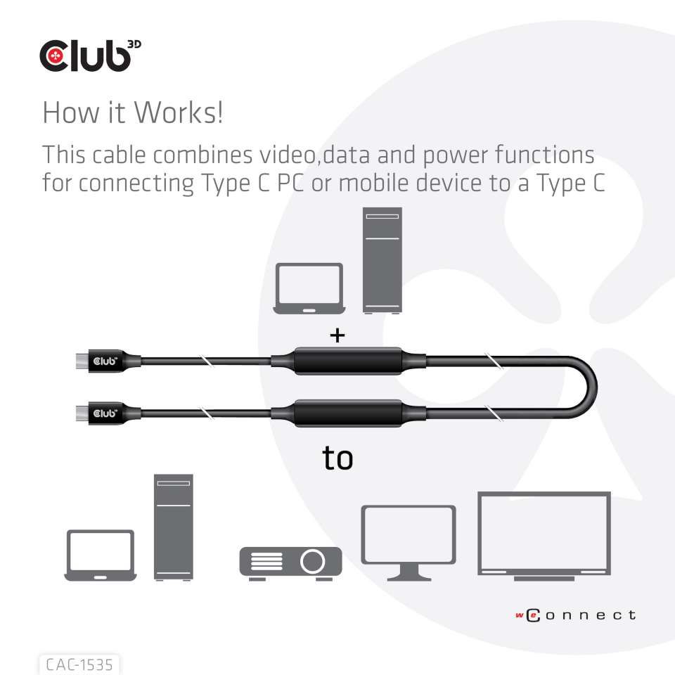 Club3D USB3.2 Gen2 Type-C to C Active Bi-directional Cable 8K60Hz M/M 5m Black