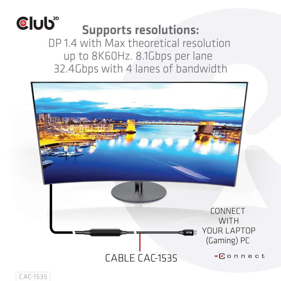 Club3D USB3.2 Gen2 Type-C to C Active Bi-directional Cable 8K60Hz M/M 5m Black