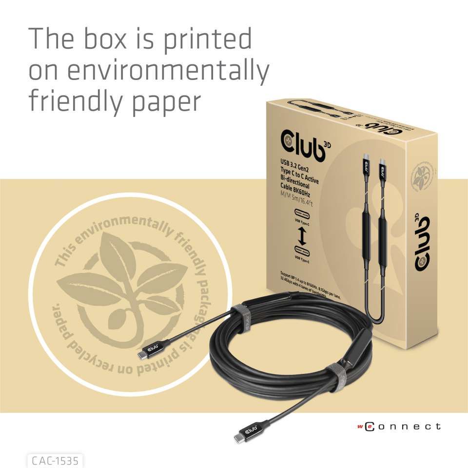 Club3D USB3.2 Gen2 Type-C to C Active Bi-directional Cable 8K60Hz M/M 5m Black