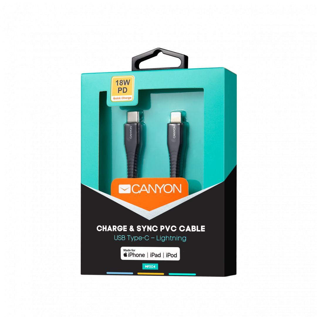 Canyon CNS-MFIC4B USB Type-C - Lightning cable 1,2m Black