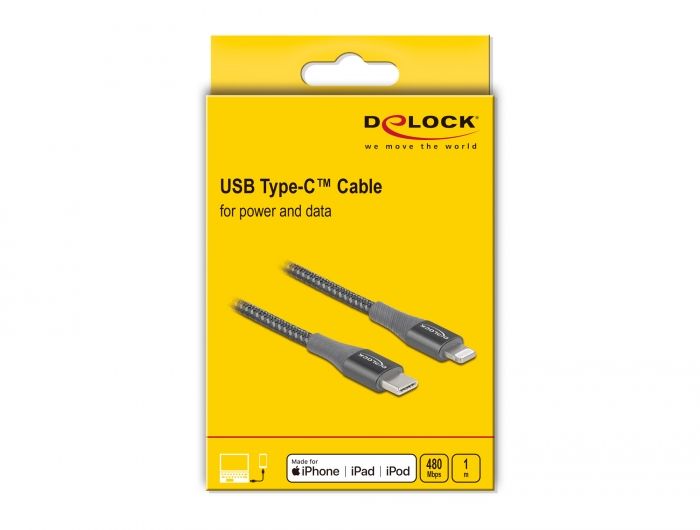 DeLock Data and Charging Cable USB Type-C to Lightning for iPhone iPad and iPod MFi 1m Grey