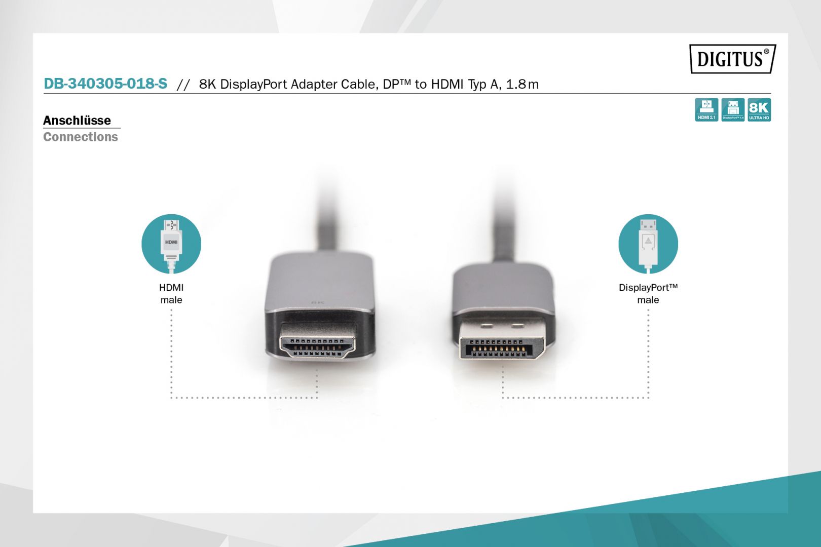 Digitus DB-340305-018-S 8K DisplayPort Adapter Cable DP to HDMI Type A 1,8m Black