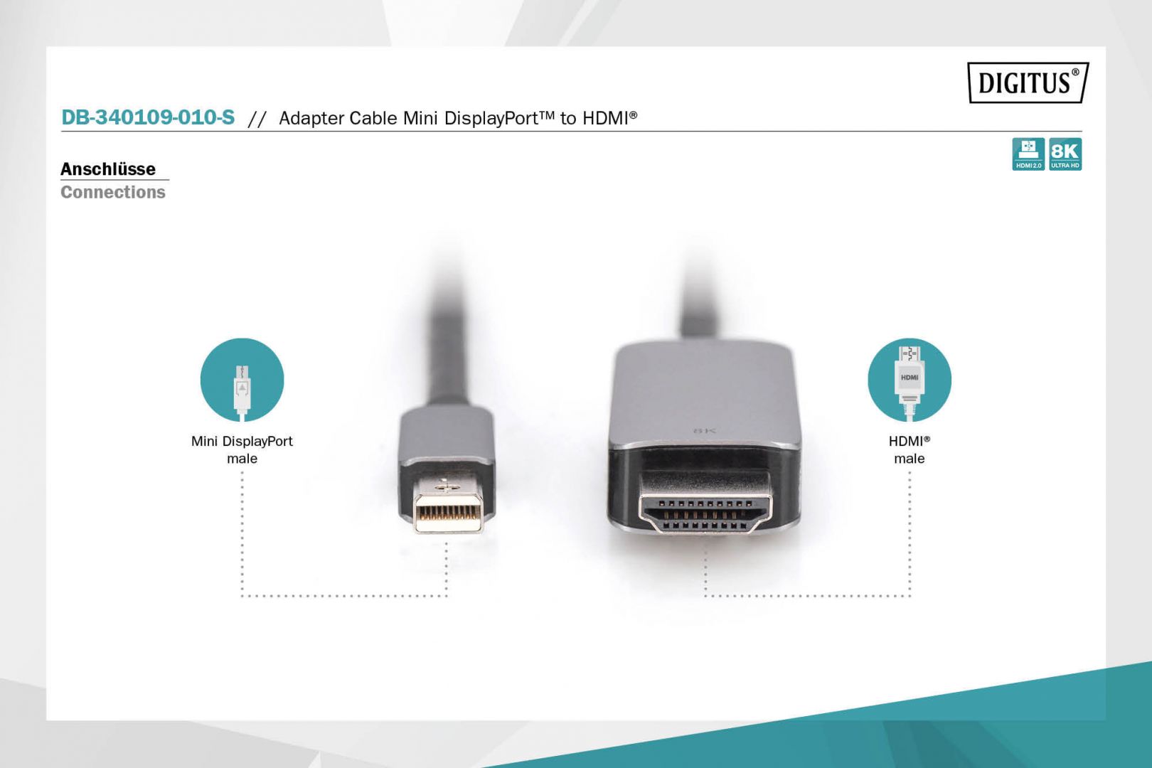 Digitus 8K Mini DisplayPort Adapter Cable Mini DP - HDMI Type A 1m Black