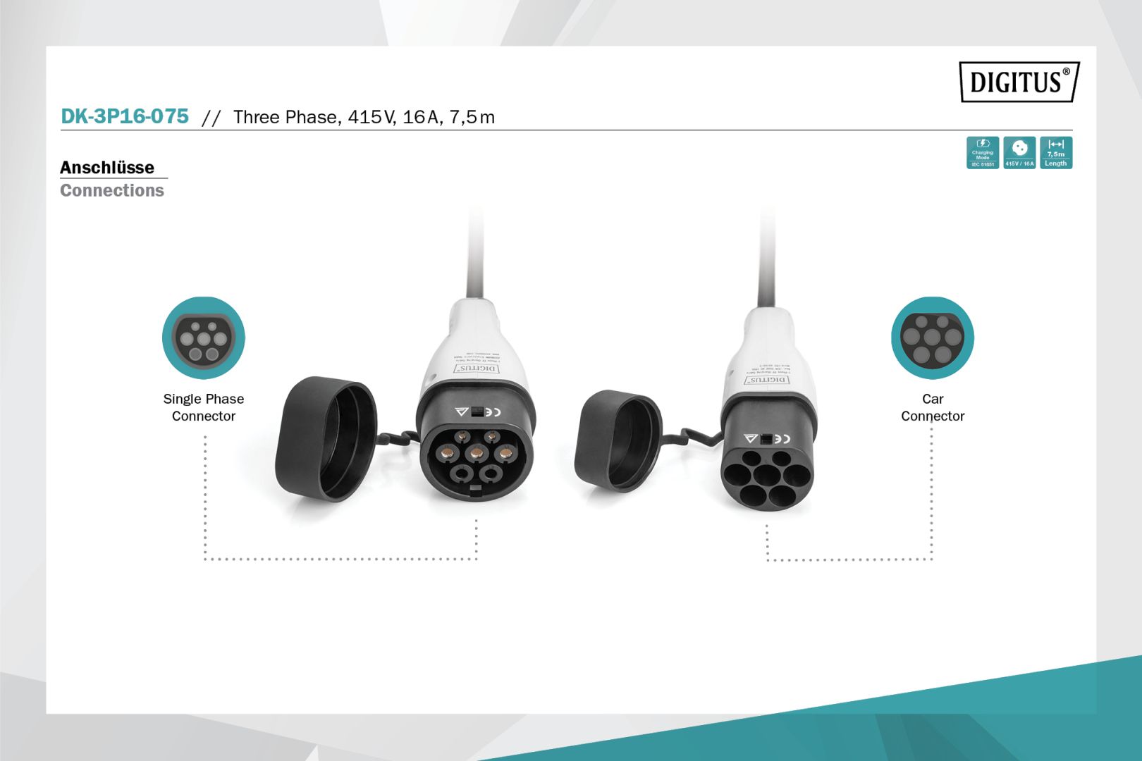 Digitus EV charging cable Type 2 to Type 2 7,5m Black