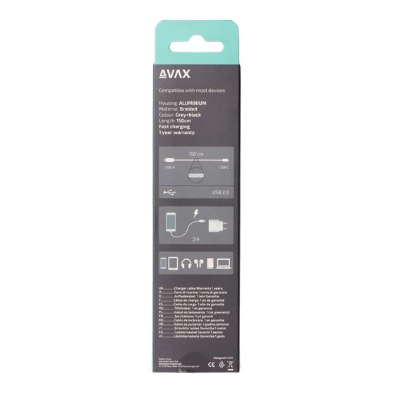 Avax CB301G STEELY USB-A - Type-C 60W 1,5m Cable Black/Grey