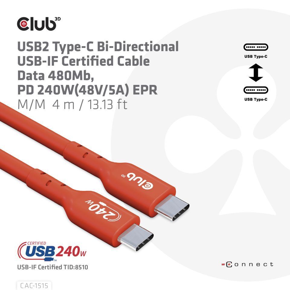 Club3D USB2 Type-C cable 4m Red