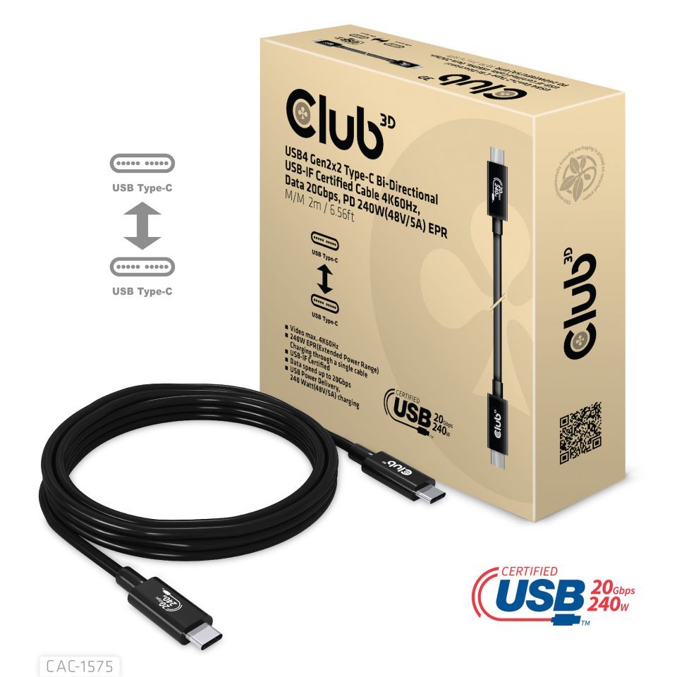 Club3D USB4 Gen2x2 Type-C Bi-Directional USB-IF Certified 4K60Hz Data 20Gbps PD 240W(48V/5A) EPR M/M Cable 2m Black