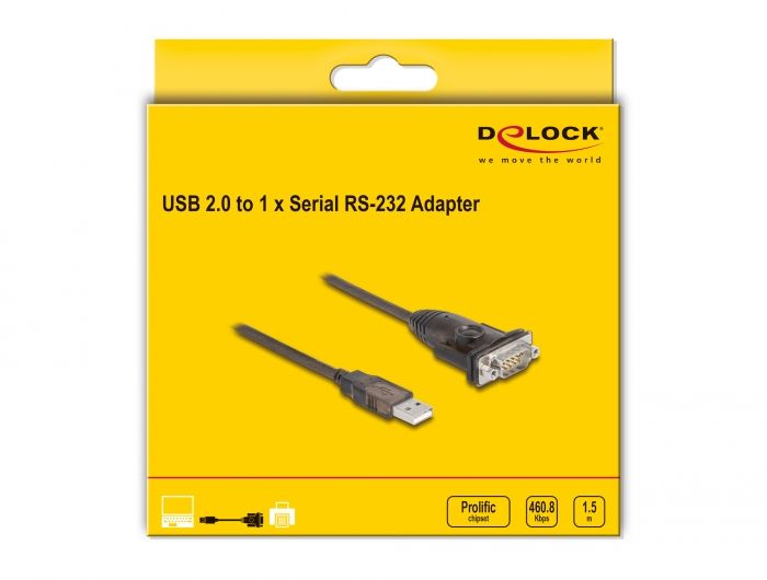DeLock Adapter USB 2.0 Type-A to 1 x Serial RS-232 D-Sub 9 pin male with nuts 1,5m