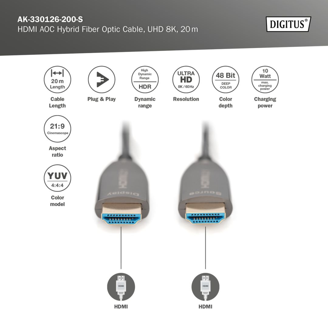 Digitus HDMI AOC Hybrid Fiber Optic Cable, UHD 8K 20m Black