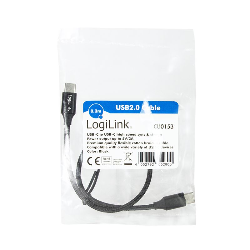 Logilink USB 2.0 Type-C cable C/M to C/M metal fabric 0,3m Black