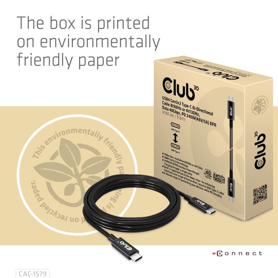 Club3D USB4 Gen3x2 Type-C Bi-Directional Cable 8K60Hz or 4K120Hz, Data 40Gbps, PD 240W(48V/5A) EPR M/M Cable 3m Black