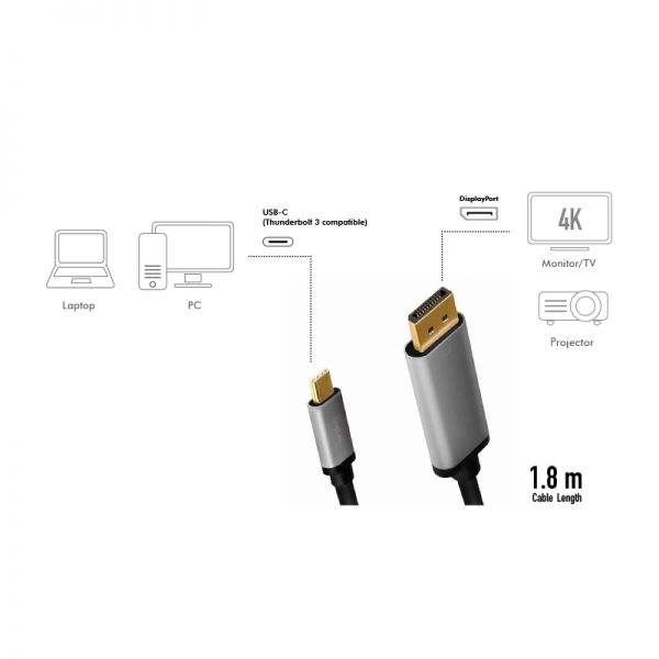 Logilink USB Type-C cable C/M to DP/M 4K alu1,8m Black/Grey
