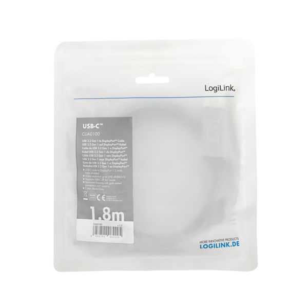 Logilink USB Type-C cable C/M to DP/M 4K alu1,8m Black/Grey