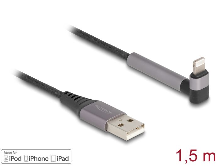 DeLock Data and Charging Cable USB Type-A to Lightning for iPhone, iPad, iPod angled with stand function 1,5m MFi Black