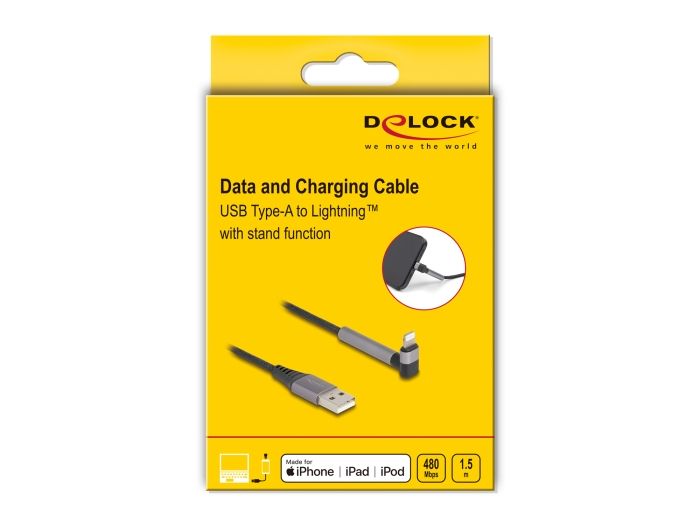 DeLock Data and Charging Cable USB Type-A to Lightning for iPhone, iPad, iPod angled with stand function 1,5m MFi Black