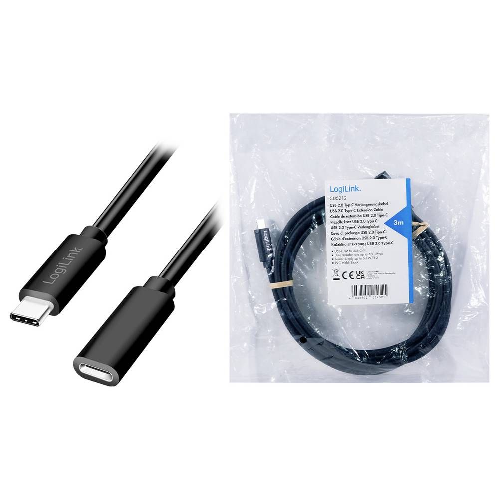 Logilink USB 2.0 Type-C kábel C/M-USB-C/F PD 3m Black