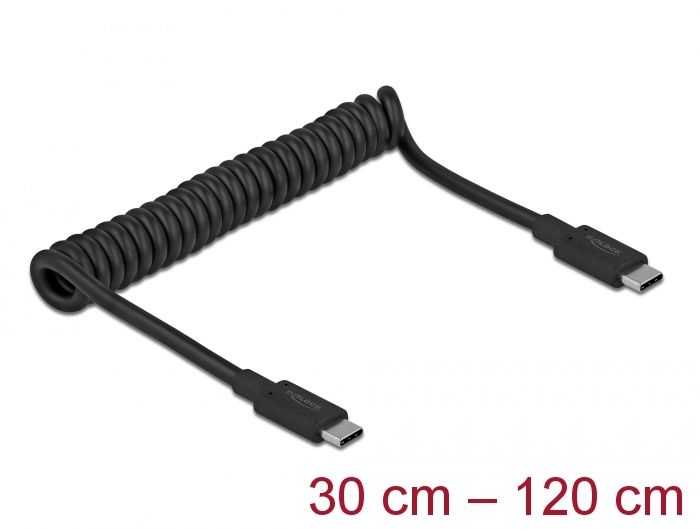 DeLock USB3.1 Gen 2 Coiled Cable Type-C male to Type-C male PD 3 A E-Marker 30cm Black