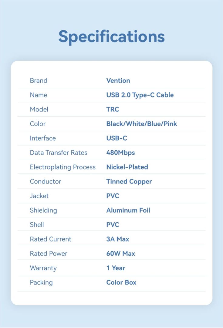 Vention USB 2.0 Type-C Male to Type-C Male 3A Cable 1m White