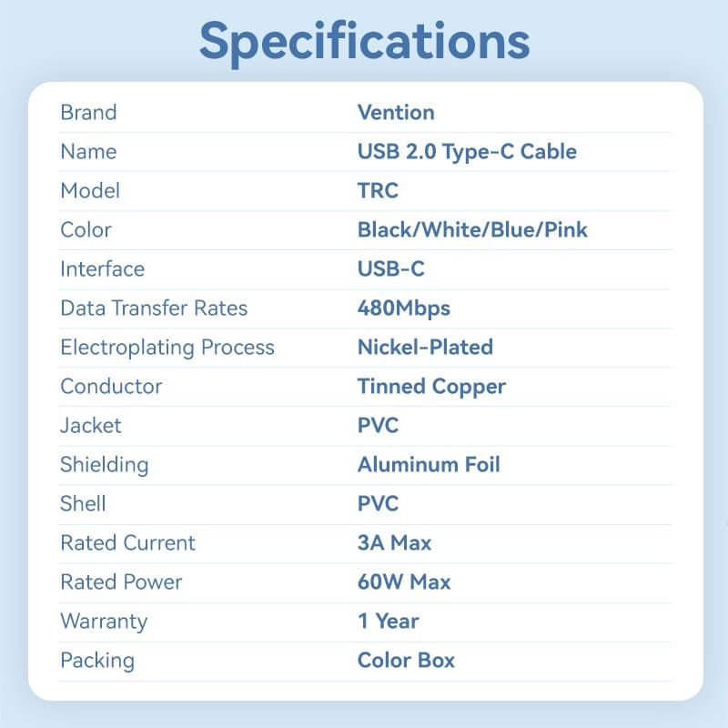 Vention USB 2.0 Type-C Male to Type-C Male 3A Cable 1m Black