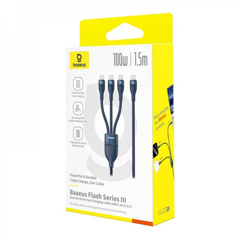 Baseus Flash Series 100W Type-C to C+C+C Fast Charging Cable 1,5m Blue