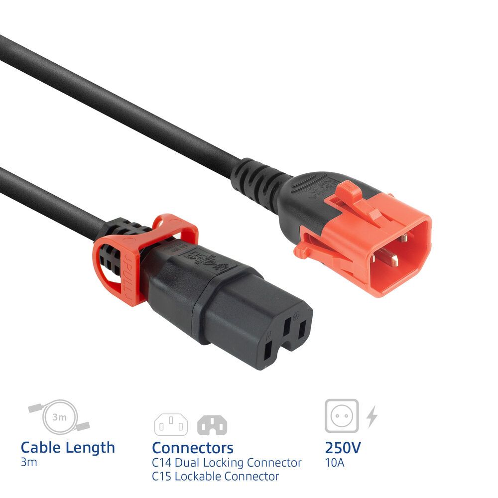 ACT PL0043 Powercord C14 IEC Lock+ Dual Locking - C15 IEC Lock+ 3m Black