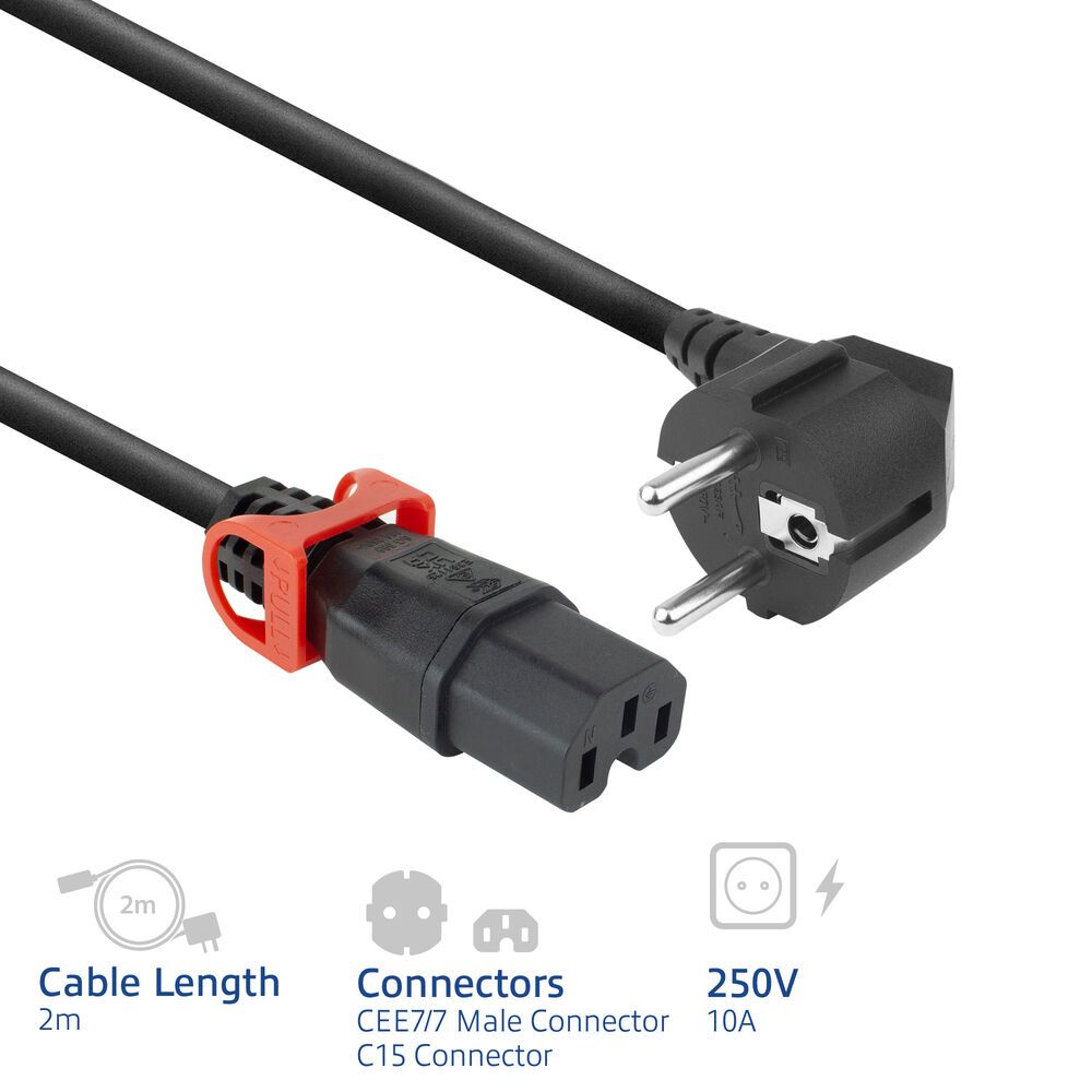 ACT PL0092 Powercord Schuko CEE 7/7 male (angled) - C15 IEC Lock+ 2m Black