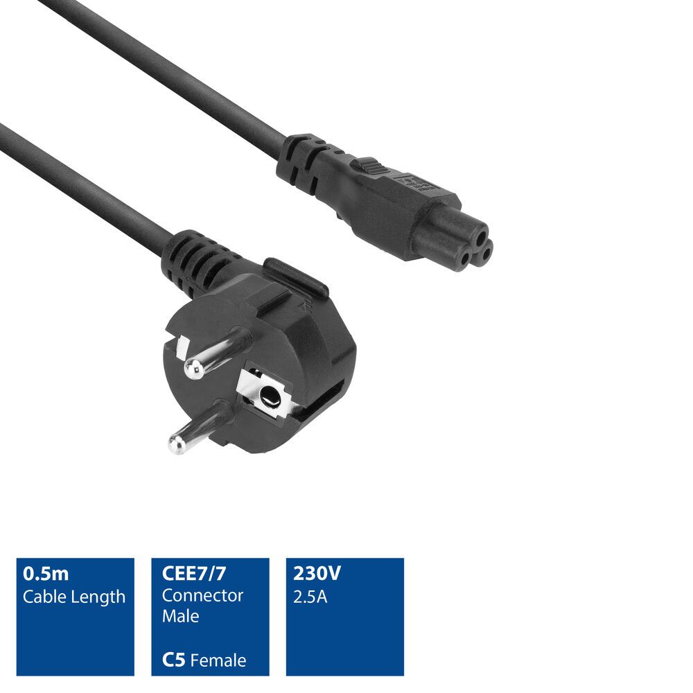 ACT AK5407 Powercord mains connector Schuko CEE 7/7 male (angled) - C5 IEC 0,5m Black