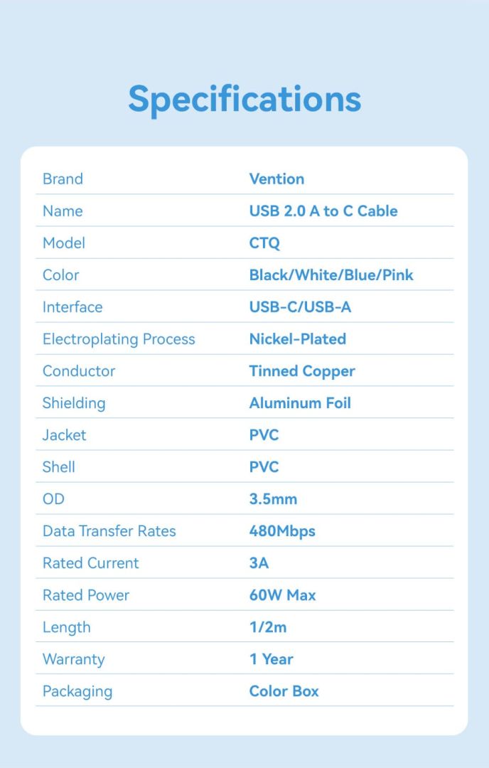 Vention USB 2.0 A Male to C Male 3A Cable PVC Type 1m Blue
