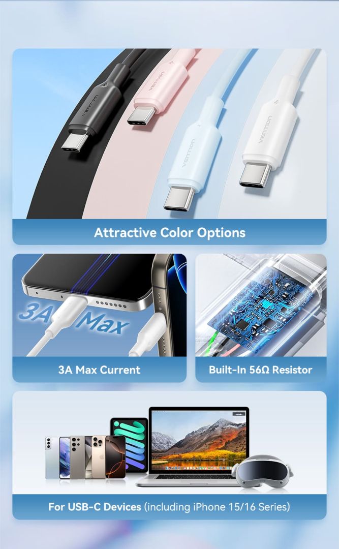 Vention Vention USB 2.0 A Male to C Male 3A PVC Type cable 1m White