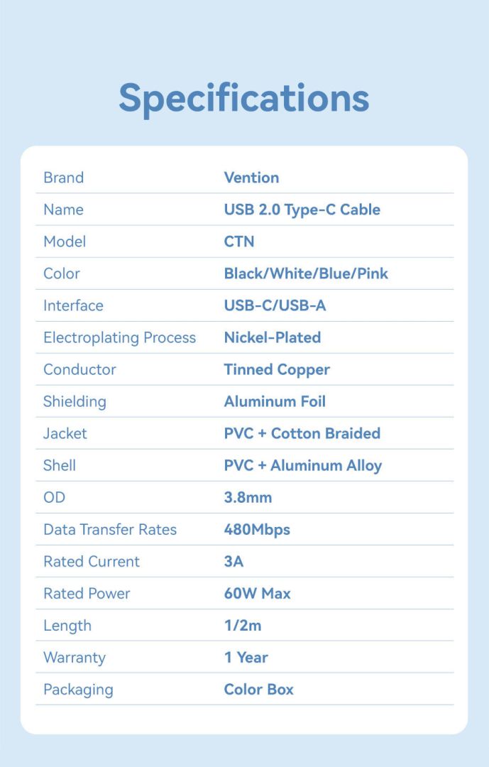 Vention USB 2.0 A Male to C Male 3A Aluminum Alloy Type cable 1m White