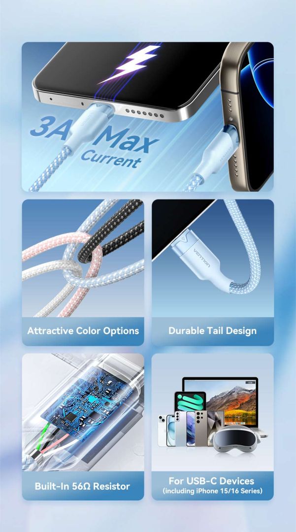 Vention USB 2.0 A Male to C Male 3A Aluminum Alloy Type cable 1m White