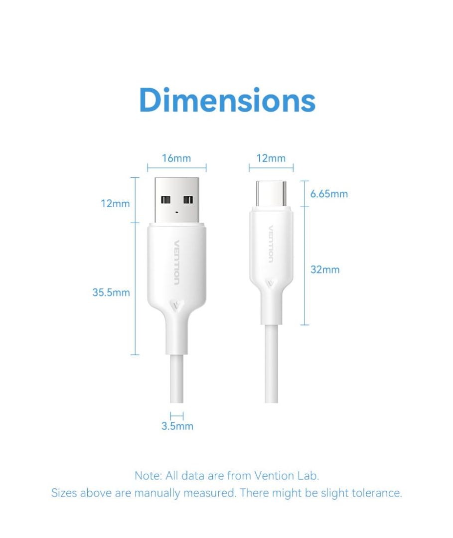 Vention USB 2.0 A Male to C Male 3A PVC Type cable 2m White