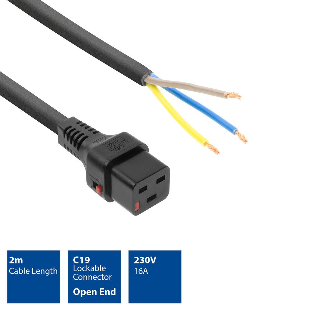 ACT Powercord C19 IEC Lock - open end 2m Black 5-Pack