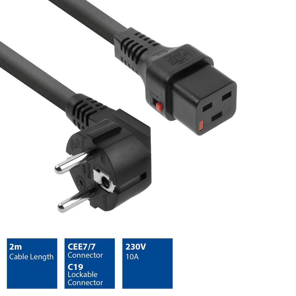 ACT Powercord CEE 7/7 male (angled) - C19 IEC Lock 2m Black 5-Pack