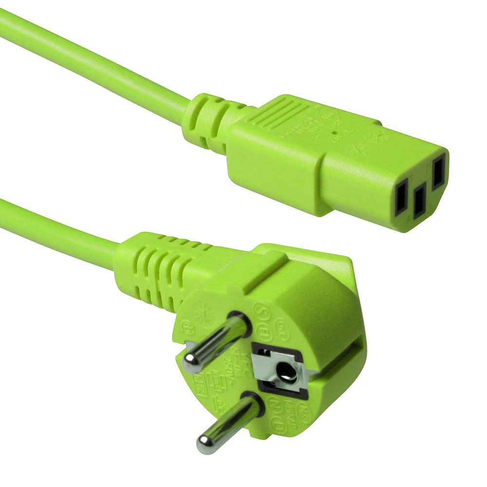 ACT Powercord mains connector Schuko CEE 7/7 male (angled) - C13 IEC 60320 3m Green