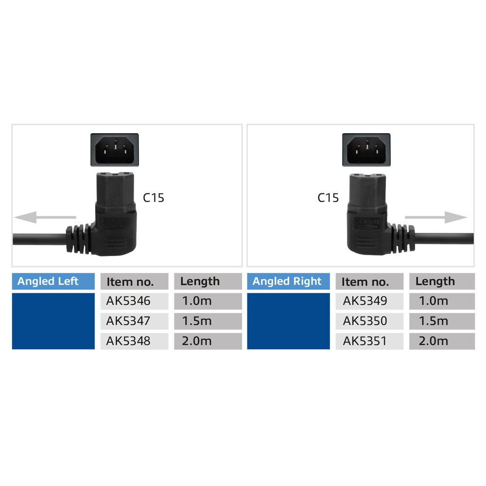 ACT Powercord mains connector Schuko CEE 7/7 male (angled) - C15 (angled right) IEC 60320 2m Black