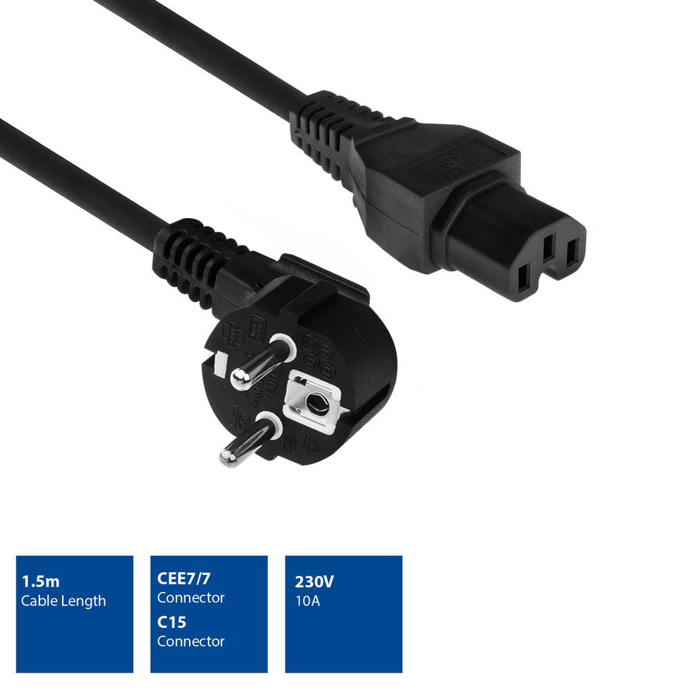 ACT Powercord mains connector Schuko CEE 7/7 male (angled) - C15 IEC 60320 1,5m Black