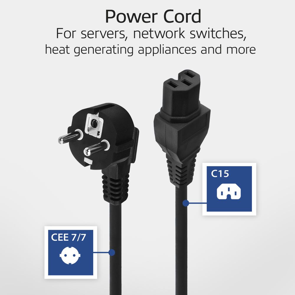 ACT Powercord mains connector Schuko CEE 7/7 male (angled) - C15 IEC 60320 1,5m Black