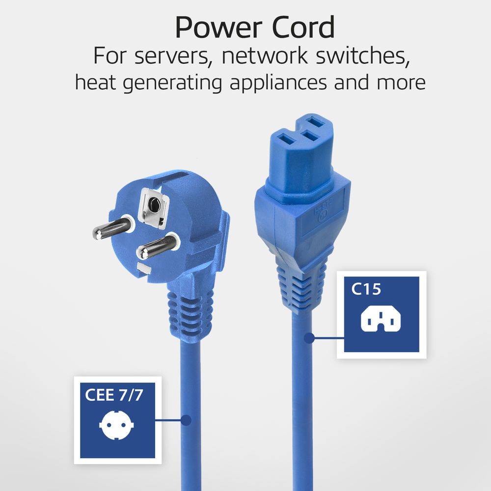 ACT Powercord mains connector Schuko CEE 7/7 male (angled) - C15 IEC 60320 1,5 m Blue