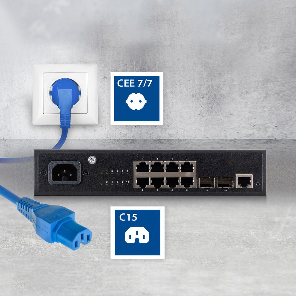 ACT Powercord mains connector Schuko CEE 7/7 male (angled) - C15 IEC 60320 1,5 m Blue