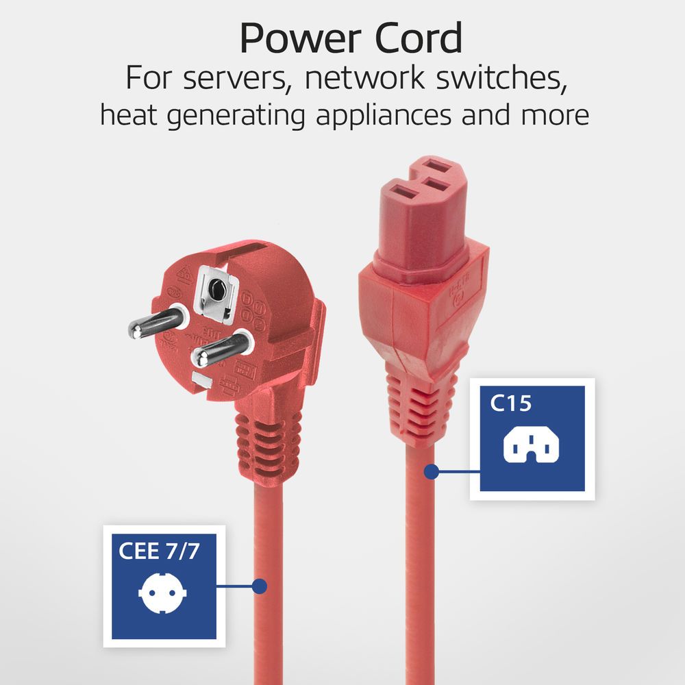 ACT Powercord mains connector Schuko CEE 7/7 male (angled) - C15 IEC 60320 1,5m Red