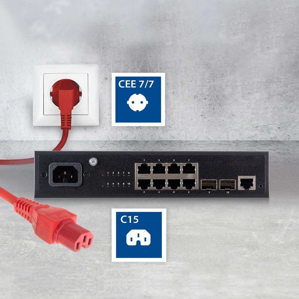 ACT Powercord mains connector Schuko CEE 7/7 male (angled) - C15 IEC 60320 1,5m Red